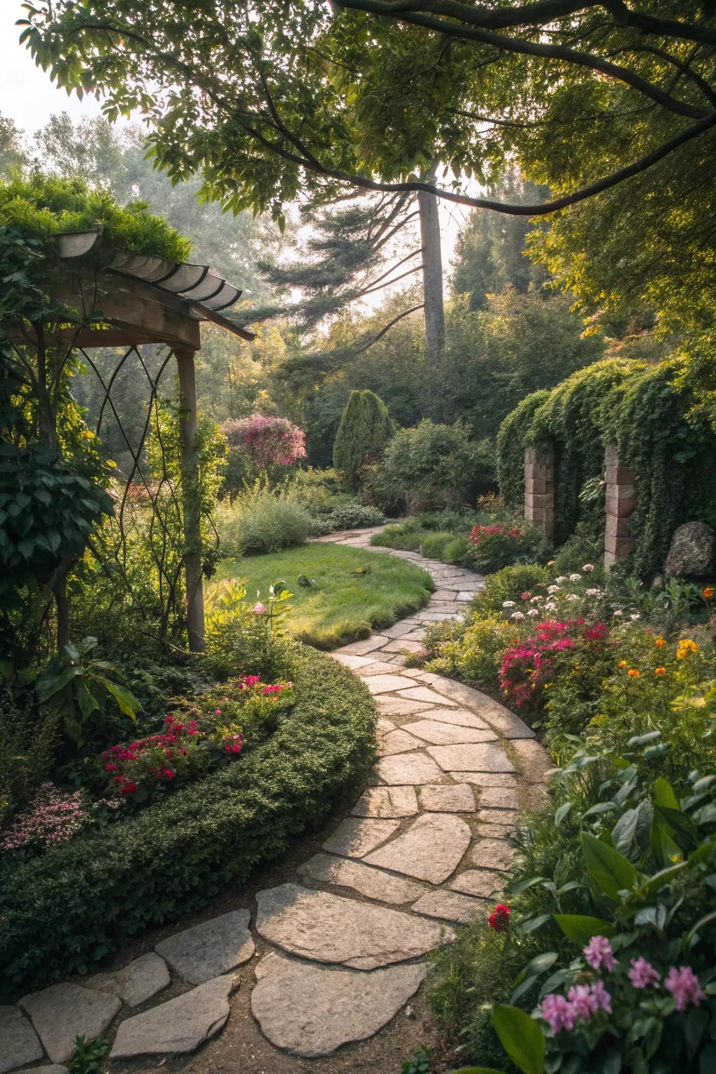 Stone pathways weaving through a vibrant garden.