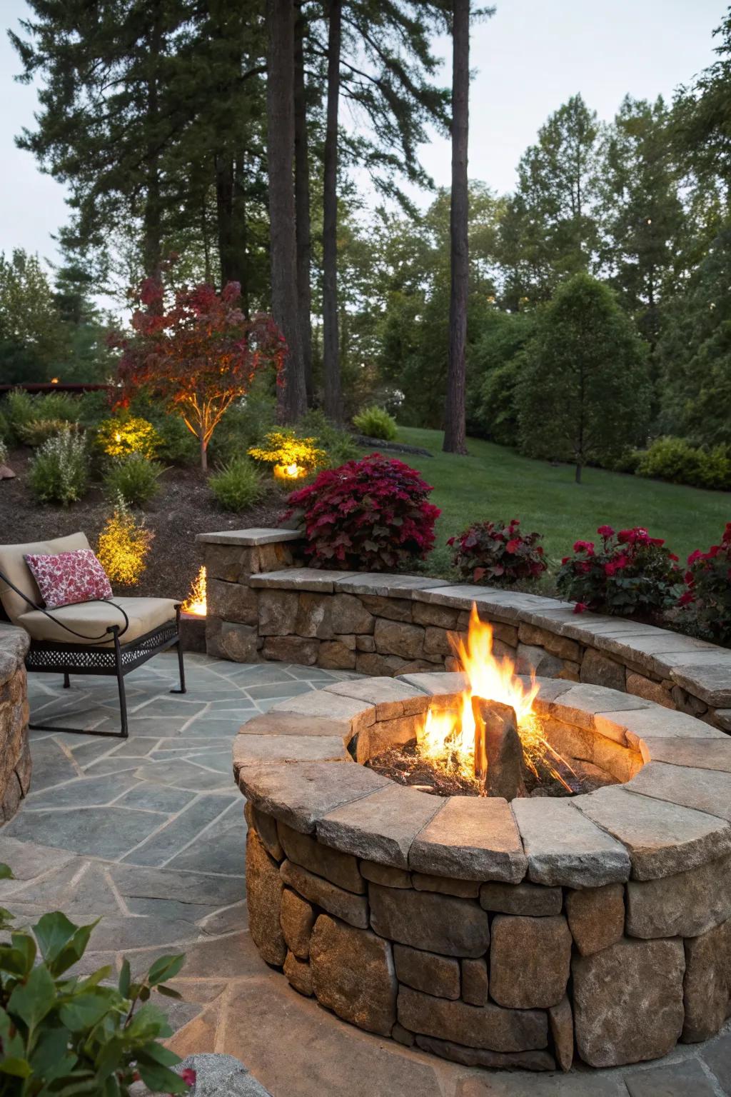 Integrate nature with a rustic stone gas fire pit.