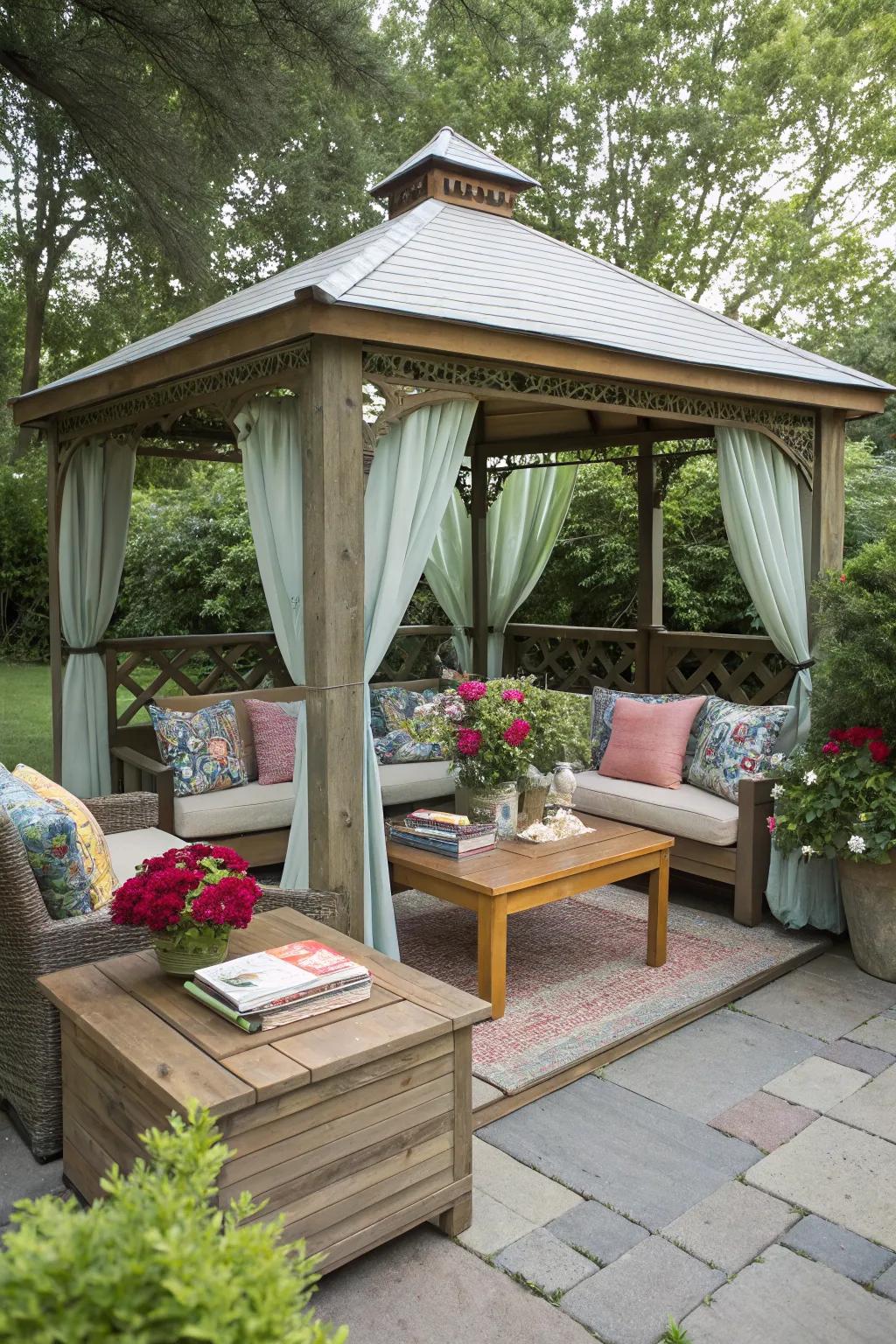 Plush seating and vibrant cushions make for a cozy gazebo retreat.