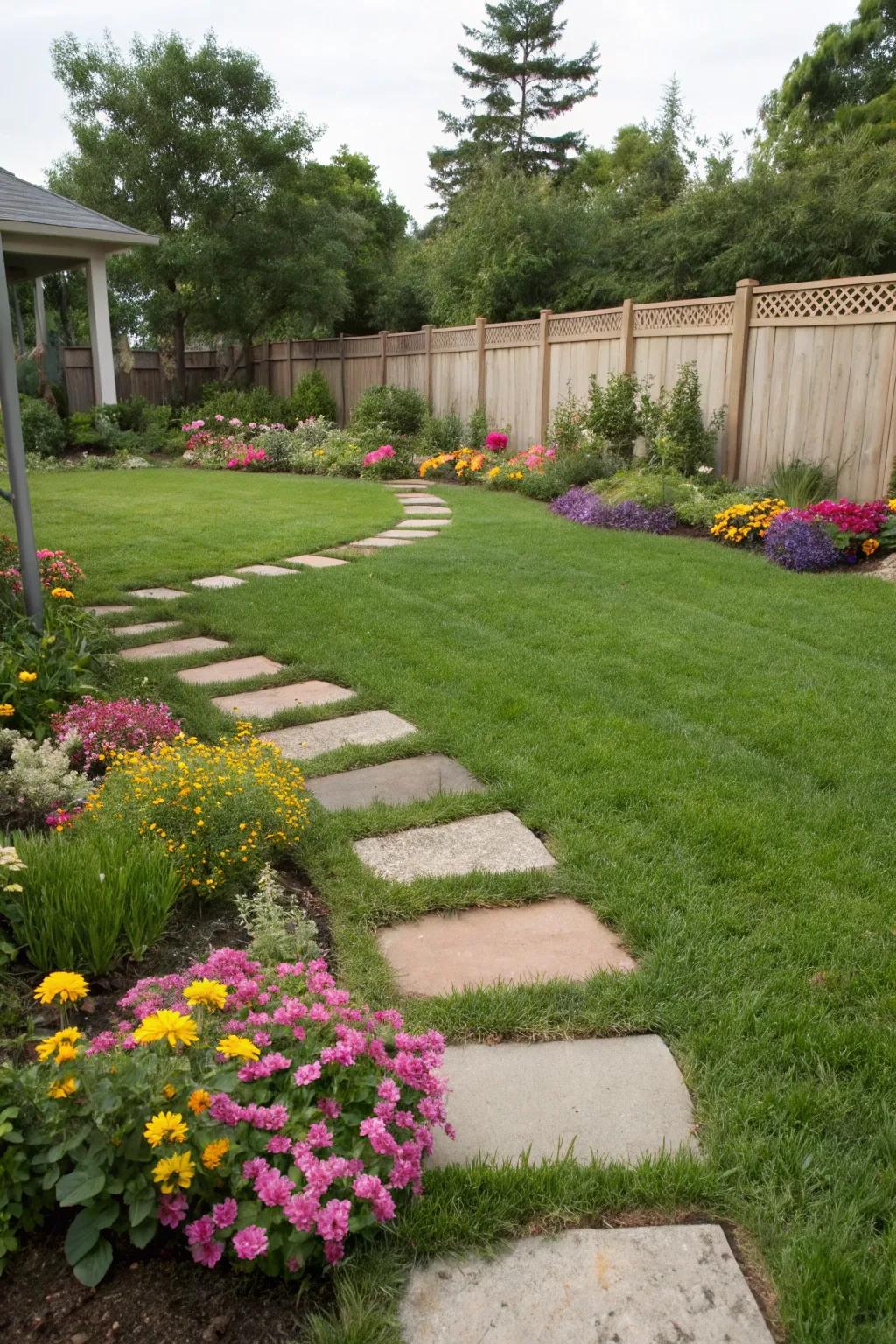 Stepping stones create an enchanting path through lush greenery.