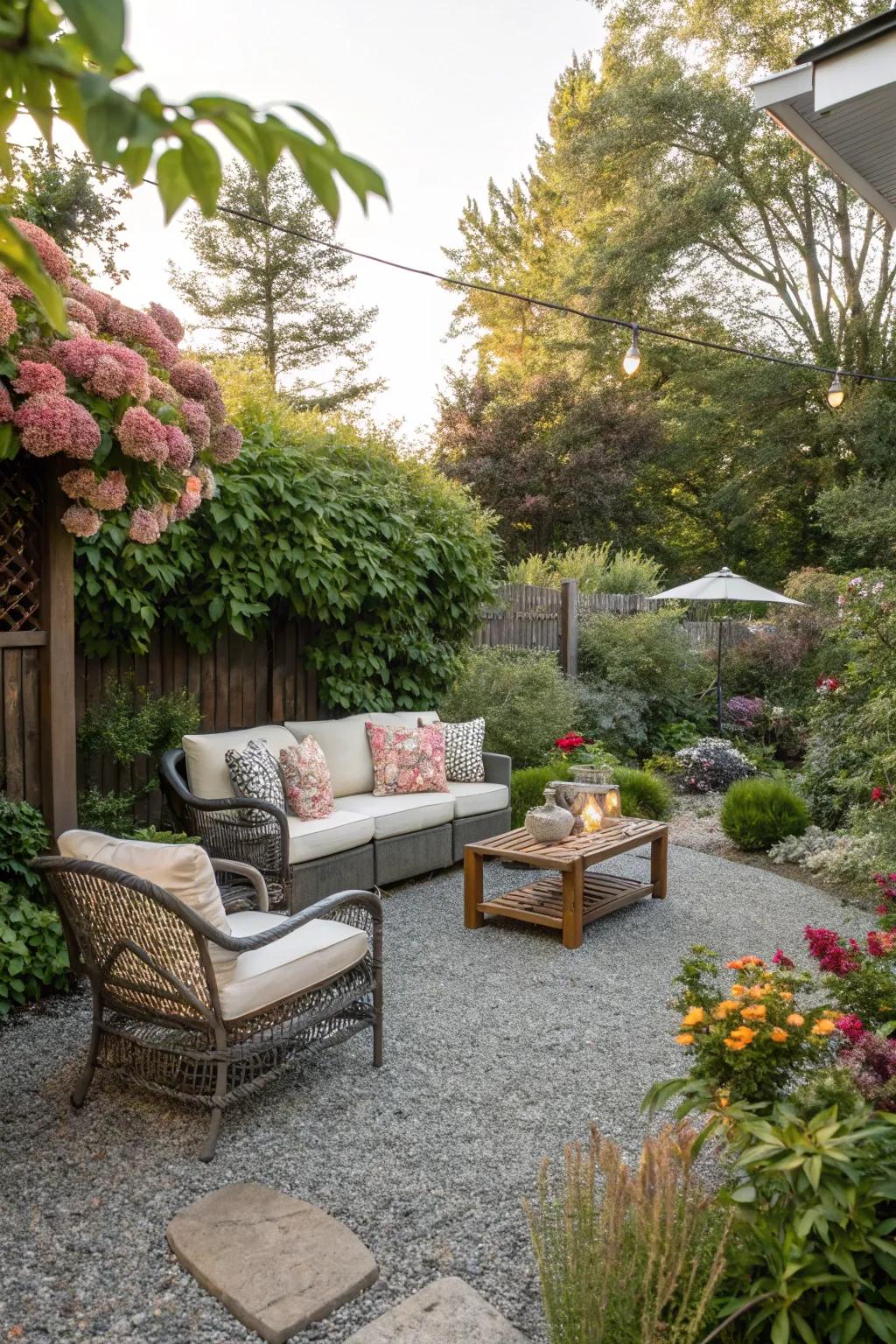 A gravel patio creates a relaxing retreat in your backyard.