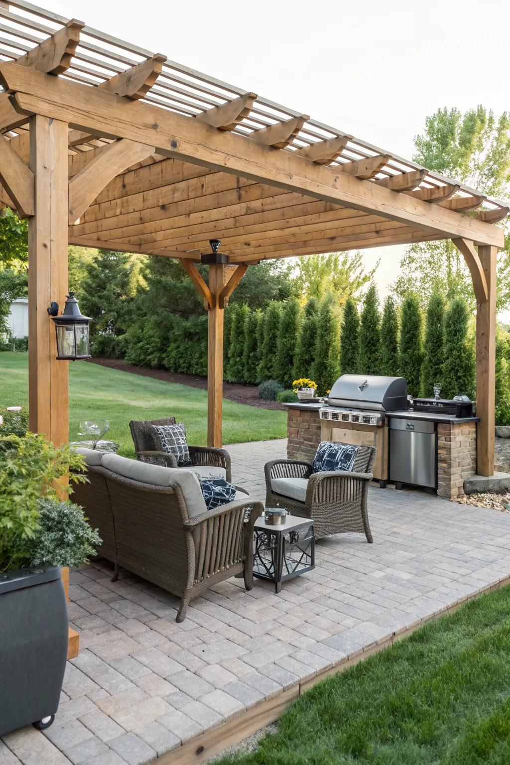 Stay cool and stylish with a pergola shading your grill patio.