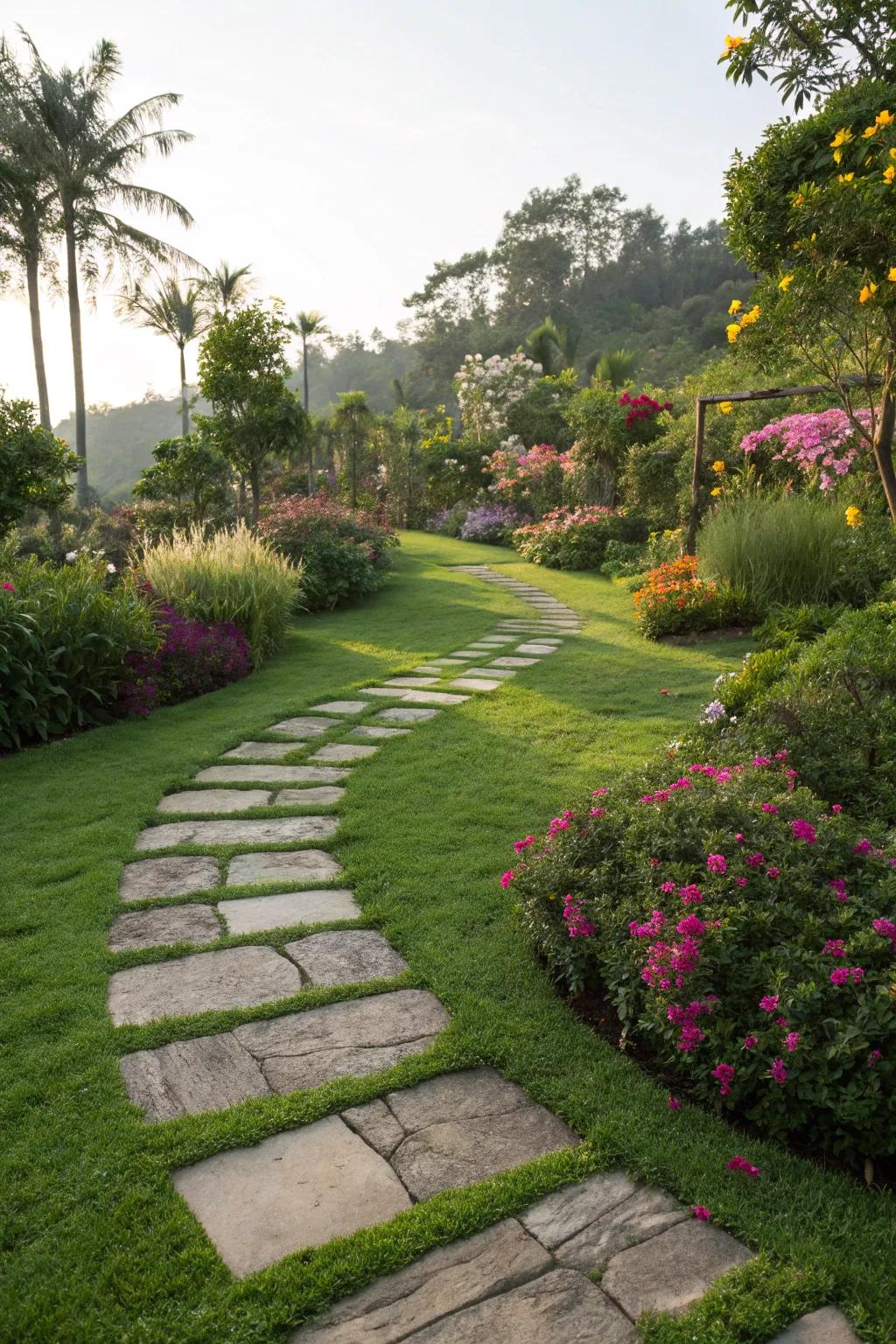 Enhance your backyard with a lush lawn and charming pathways.