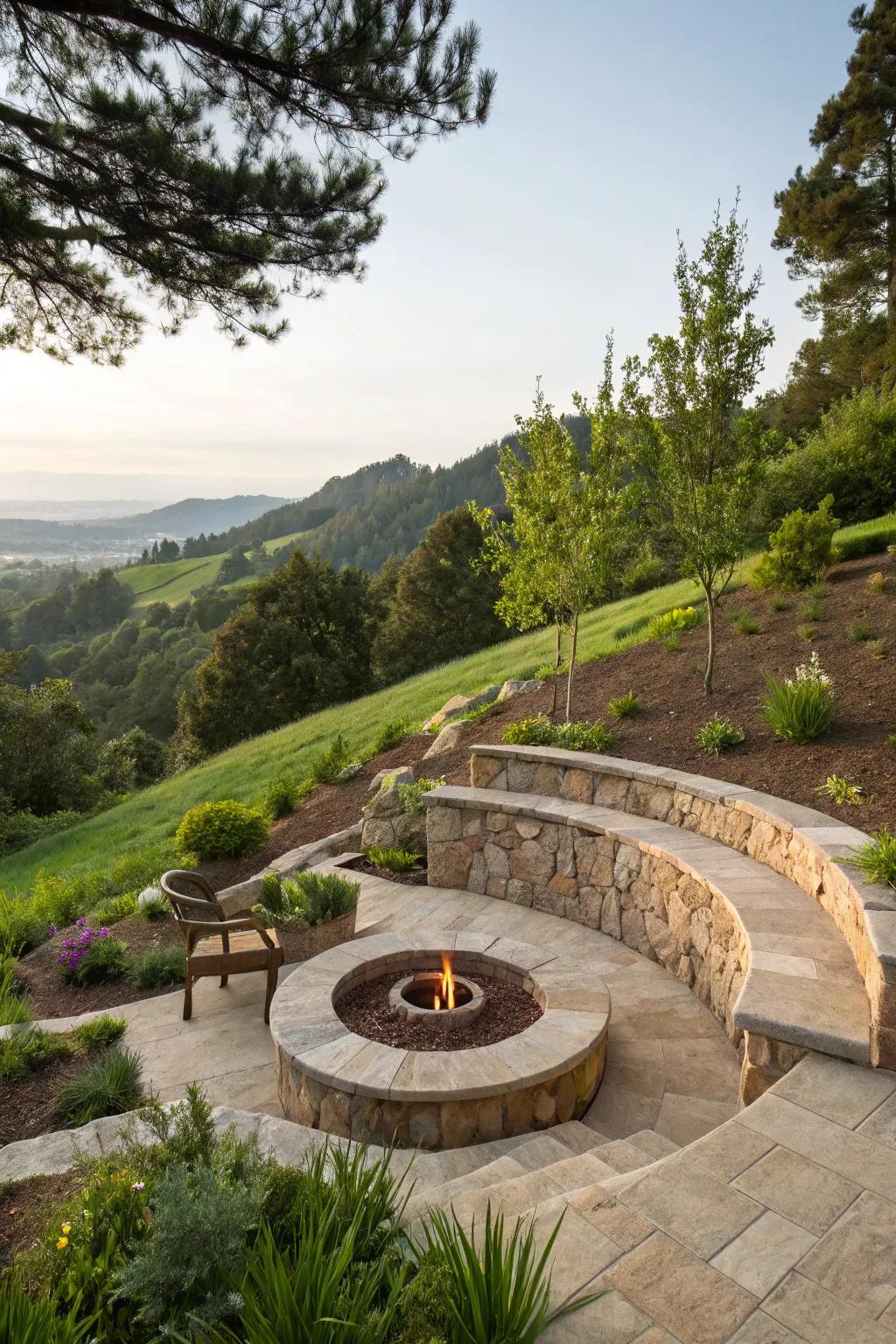 Create a cozy retreat with a fire pit on your hillside.