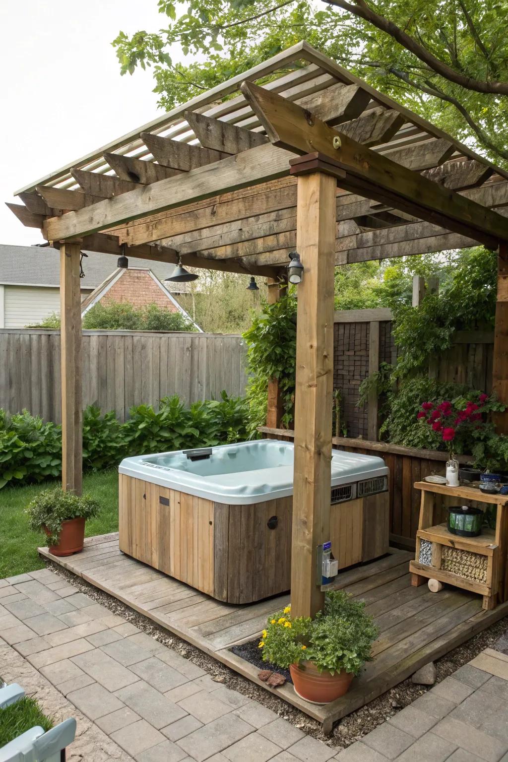 A creative pergola made from upcycled materials provides shade over the hot tub.