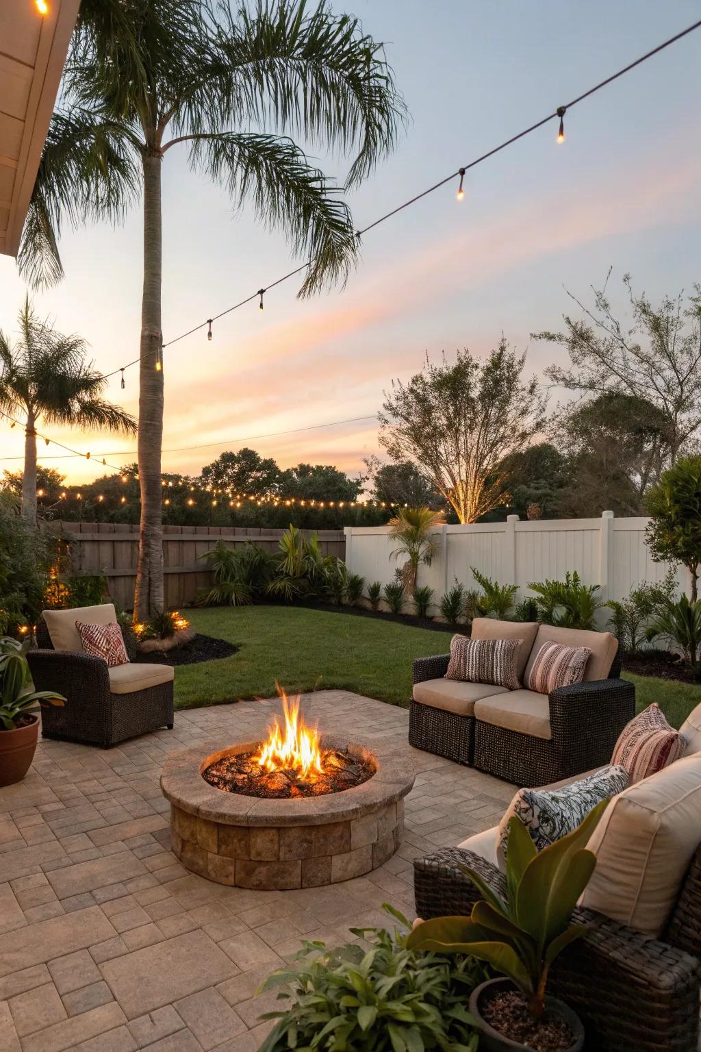 A cozy fire pit in a Florida backyard, ideal for gathering on cool evenings.