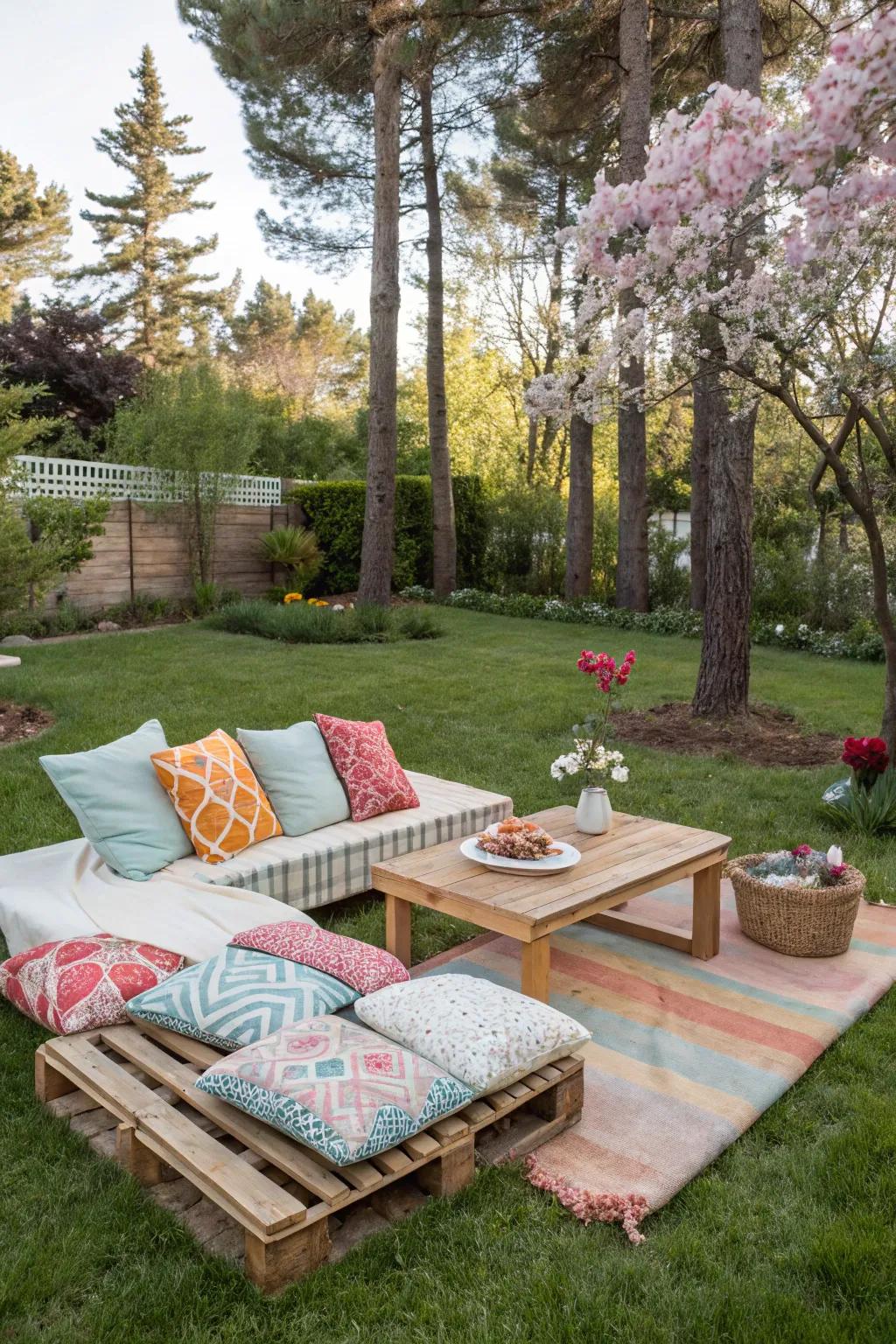 A charming seating nook on grass for outdoor relaxation.
