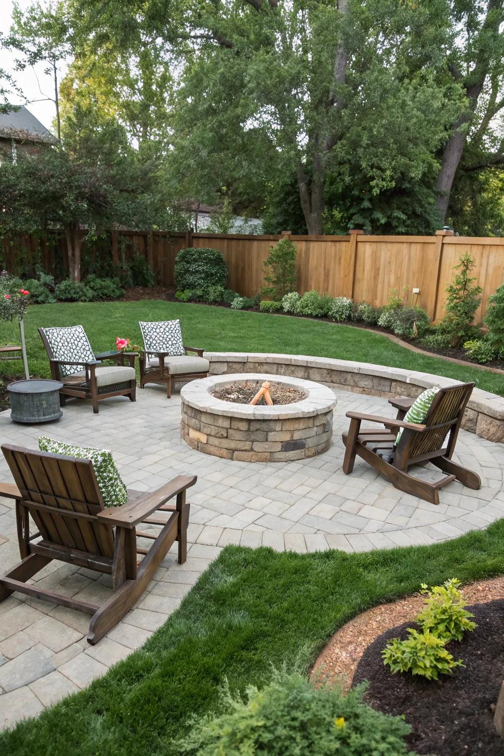 Cozy up around a fire pit with this inviting paver and turf setup.