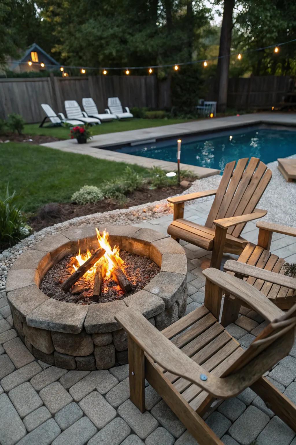 Rustic wooden furniture enhances the charm of a backyard fire pit.