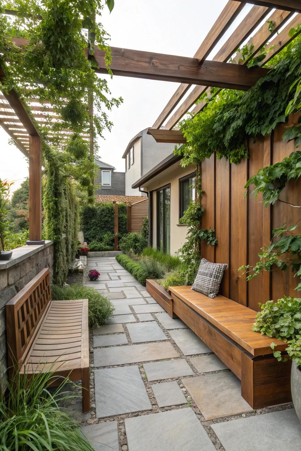 A chic patio blending wood and stone elements.