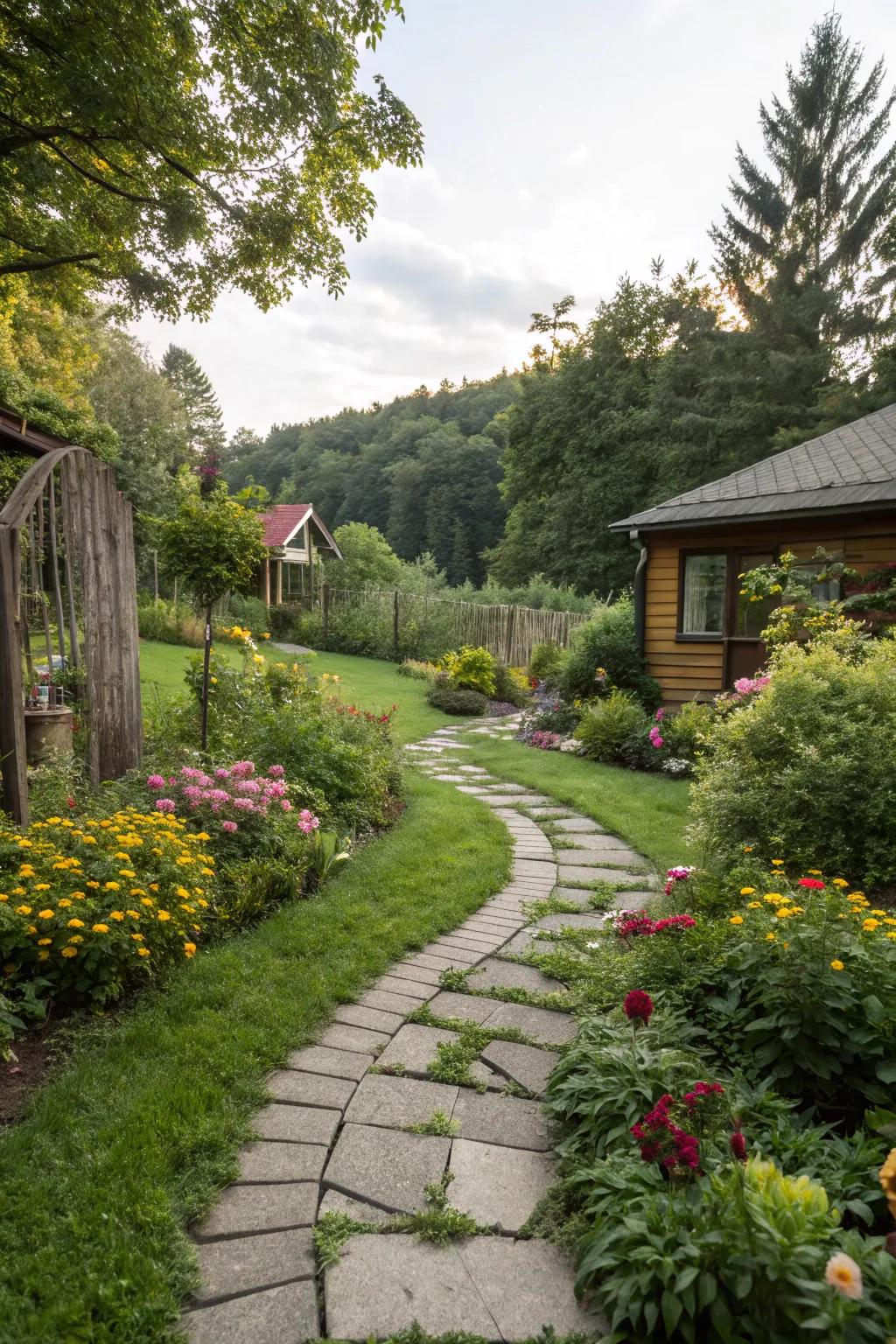 Create intrigue with a winding stone pathway through your backyard jungle.