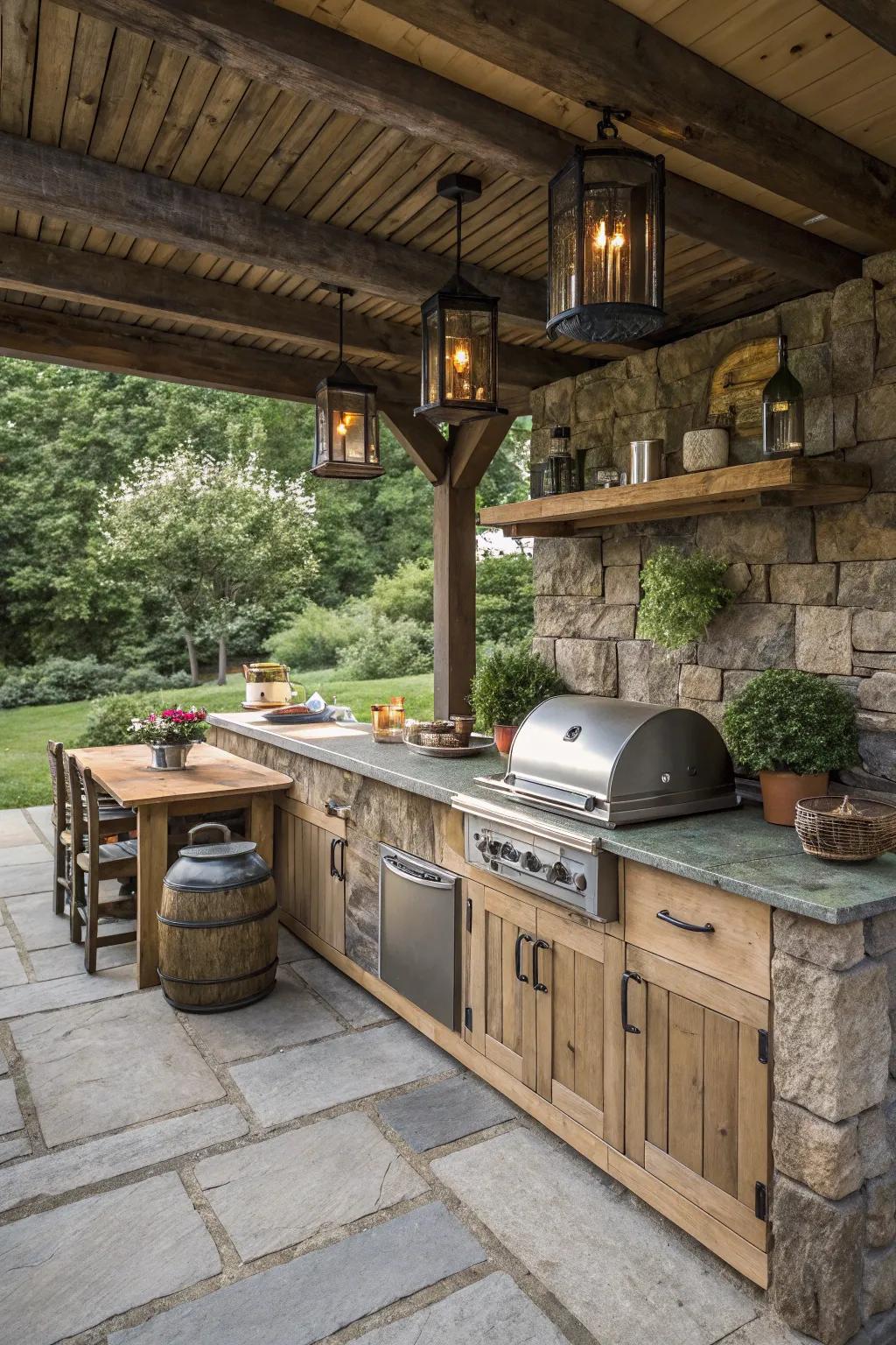 A rustic outdoor kitchen with stone countertops and wooden accents.