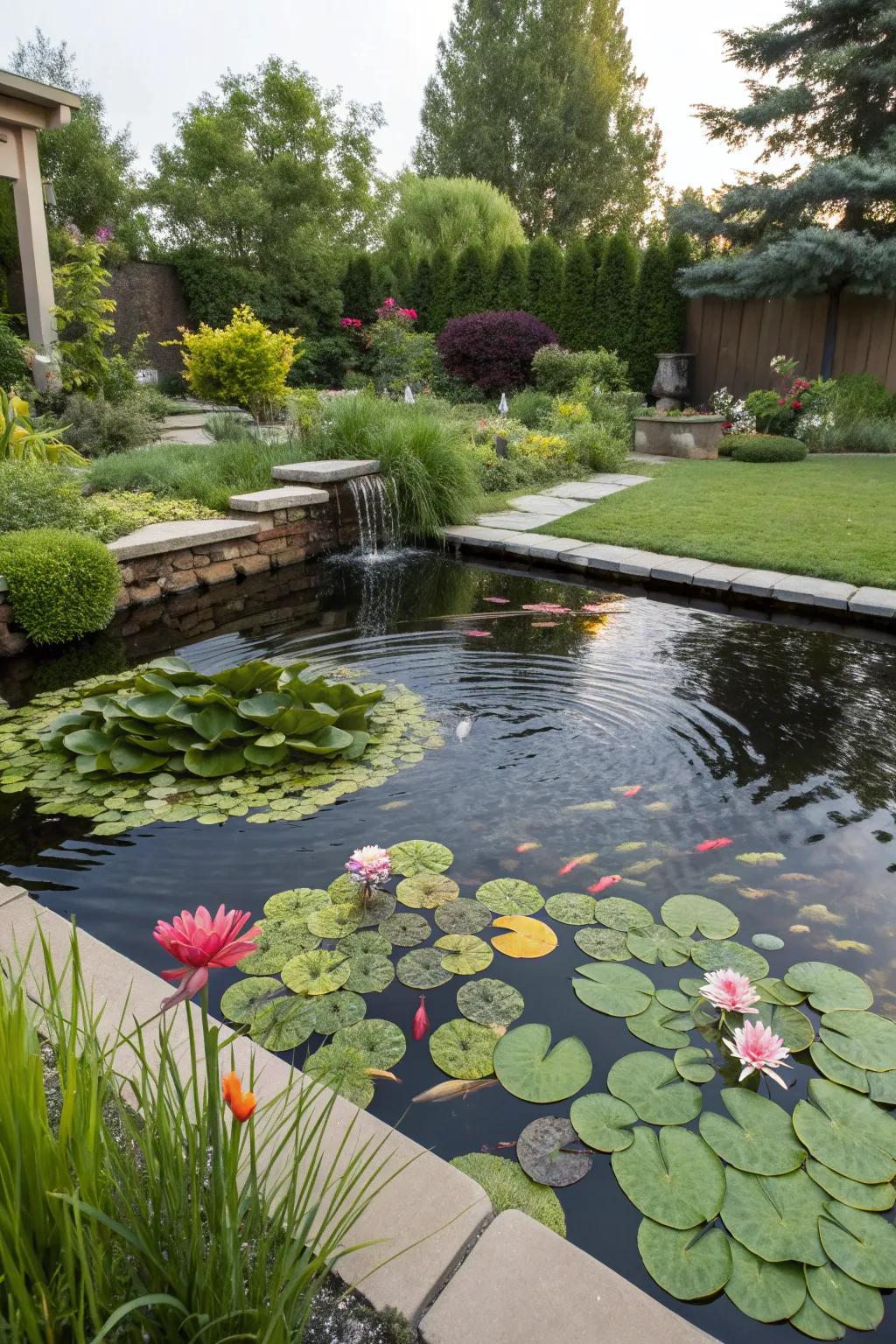 Aquatic plants like water lilies enrich the pond ecosystem and aesthetics.