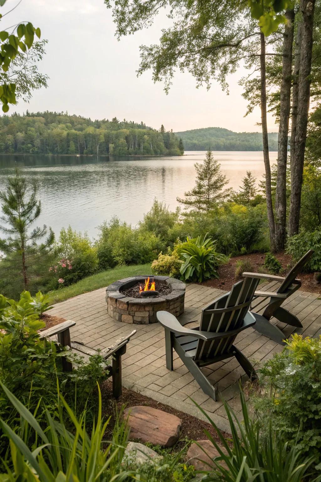 A lakeside fire pit creates a warm and inviting gathering space.