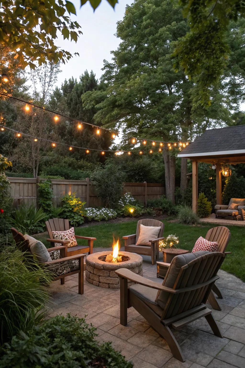 Create a secluded outdoor retreat with comfortable seating and a fire pit.