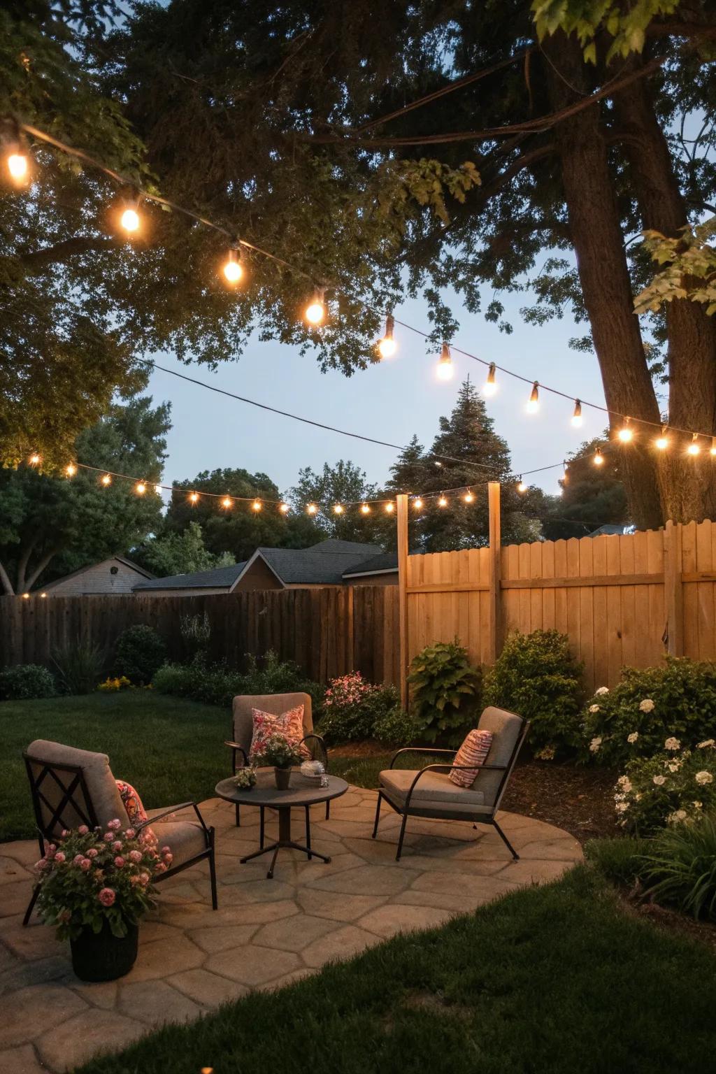 String lights create a cozy and enchanting atmosphere.