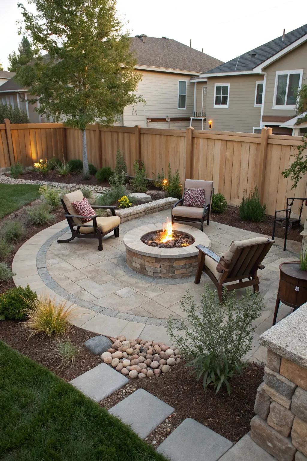 A cozy fire pit adds charm and warmth.
