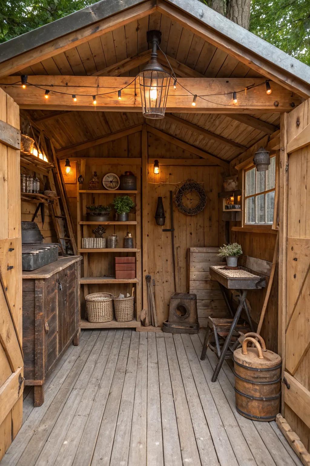 Turn your shed into a rustic retreat with vintage charm.