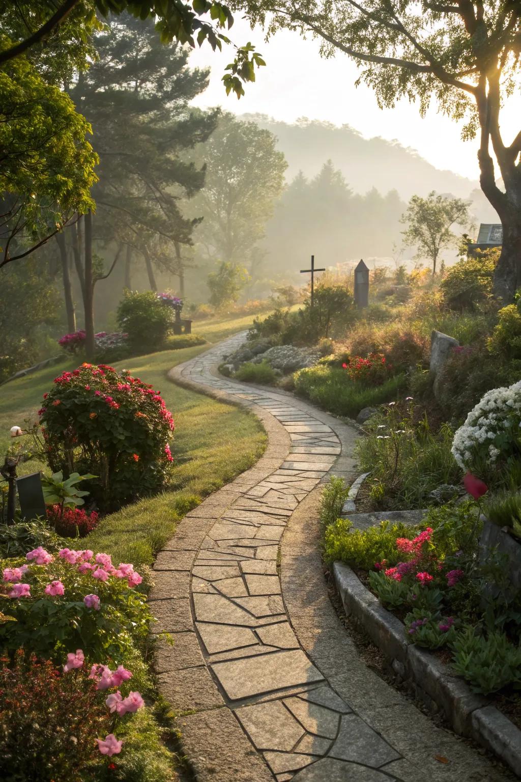 A stone pathway meanders through a peaceful memorial garden.