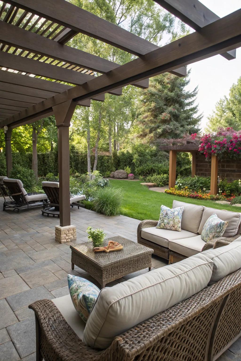 Cozy seating under a pergola invites relaxation.