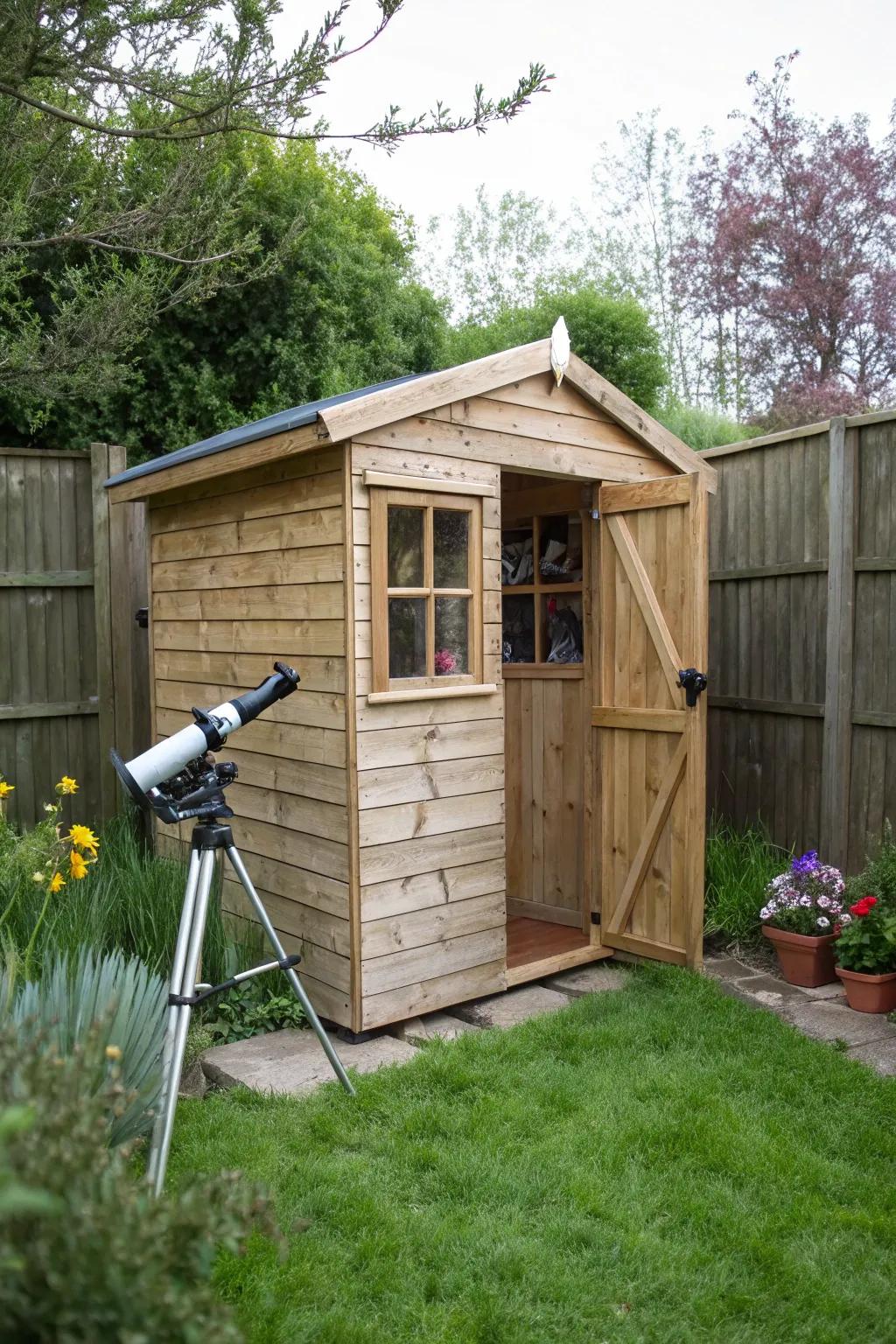 A garden shed with a telescope offers a cozy and functional observatory solution.