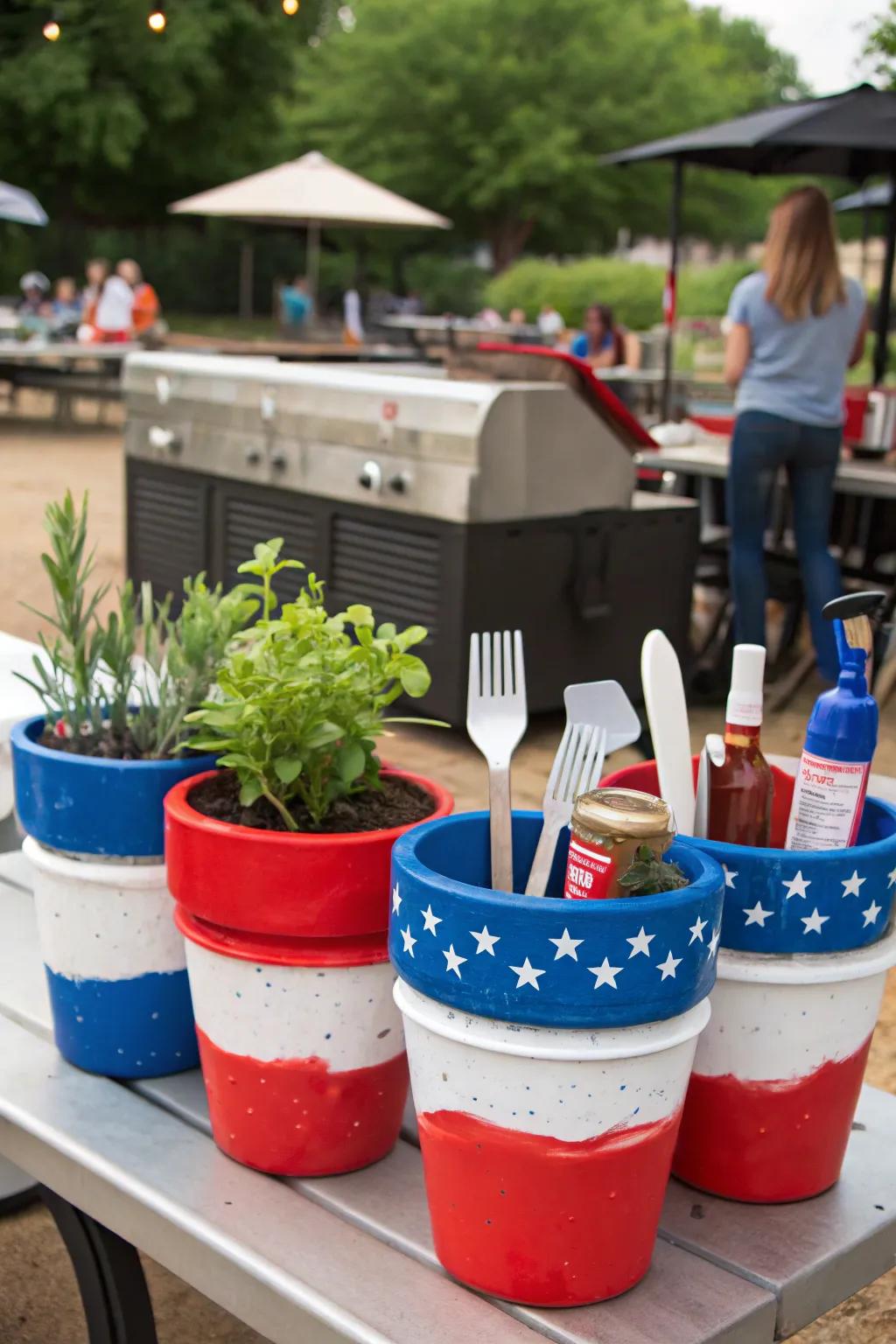 A patriotic BBQ station keeps your party organized and festive.