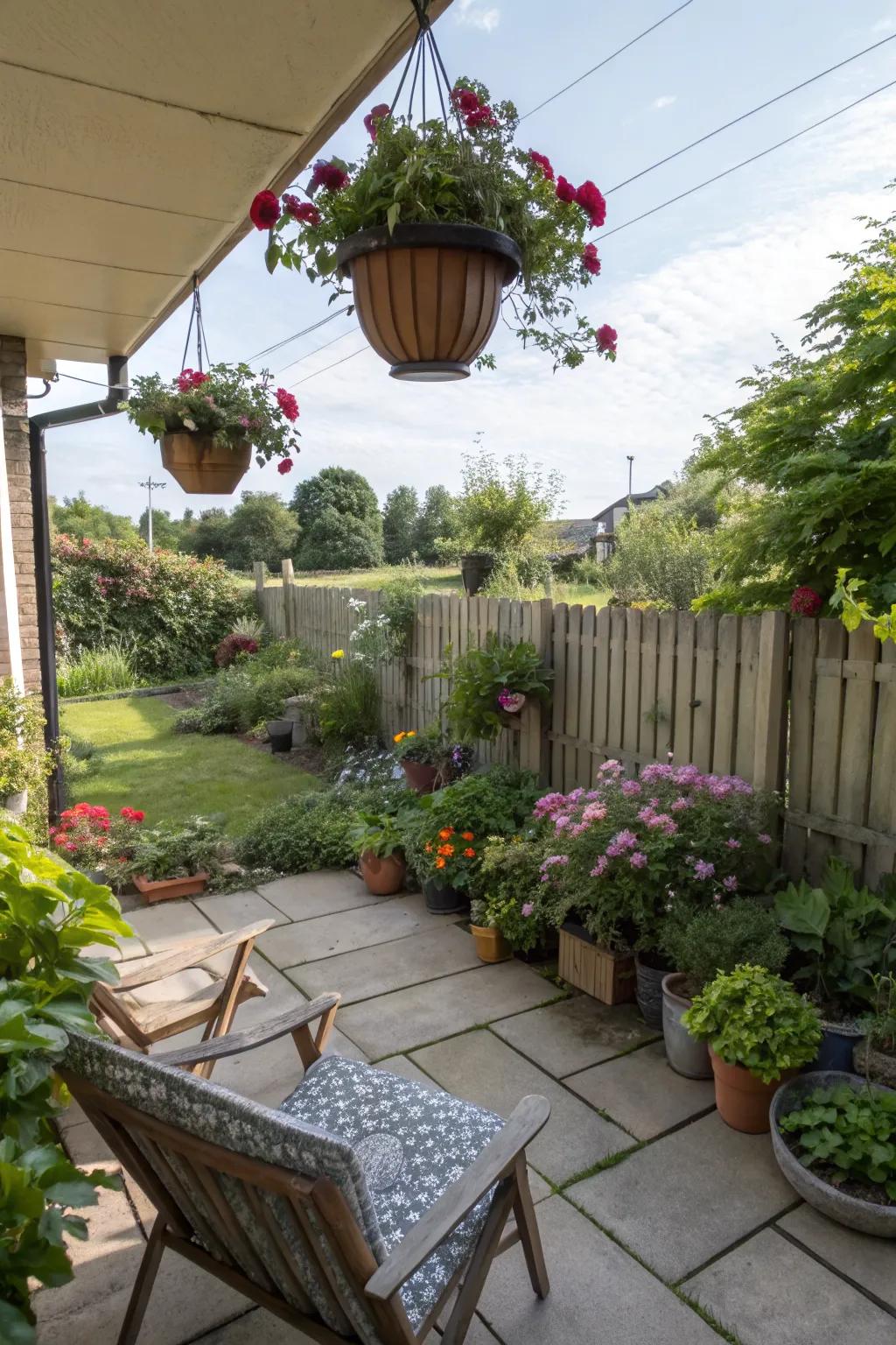 Lush greenery with potted plants and hanging baskets