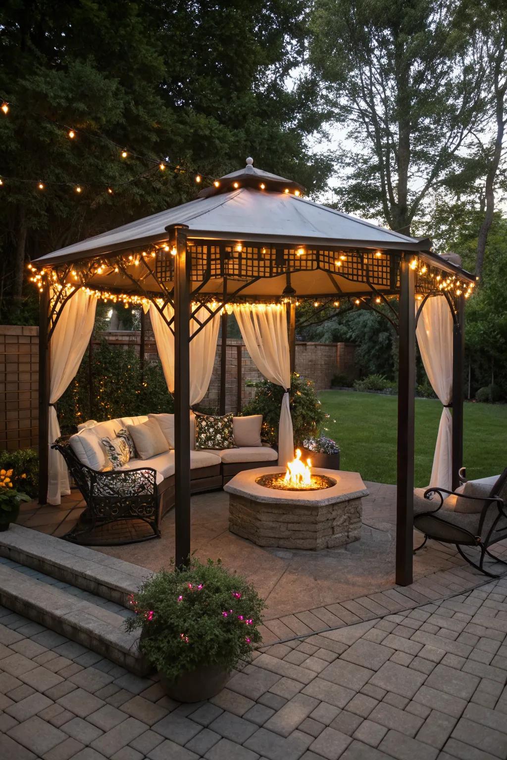 A welcoming gazebo featuring a cozy fire pit.