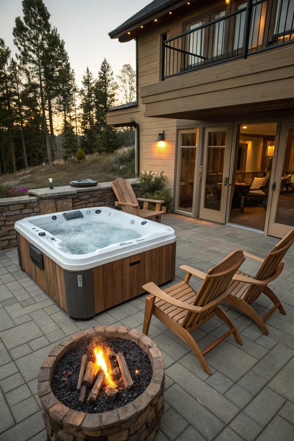 A cozy backyard scene with a fire pit complementing the hot tub.