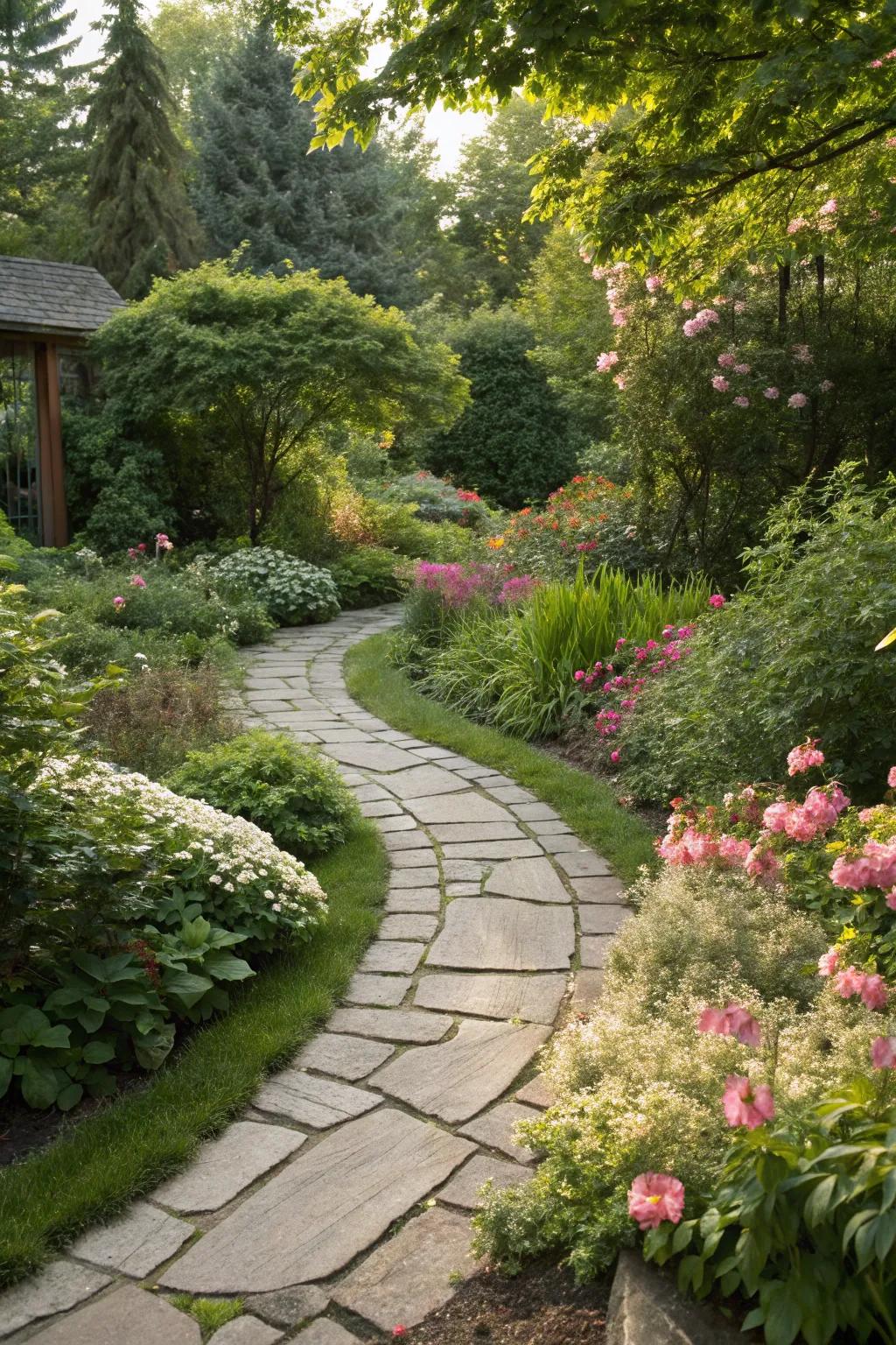 Charming stone pathway winding through a garden.
