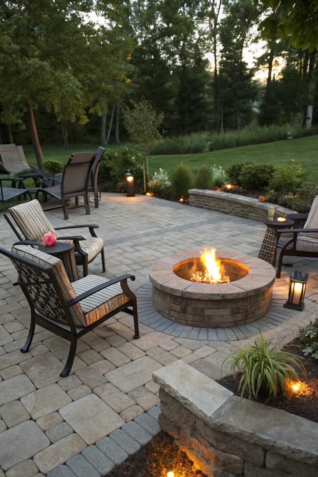 A cozy fire pit as the centerpiece of a paver patio