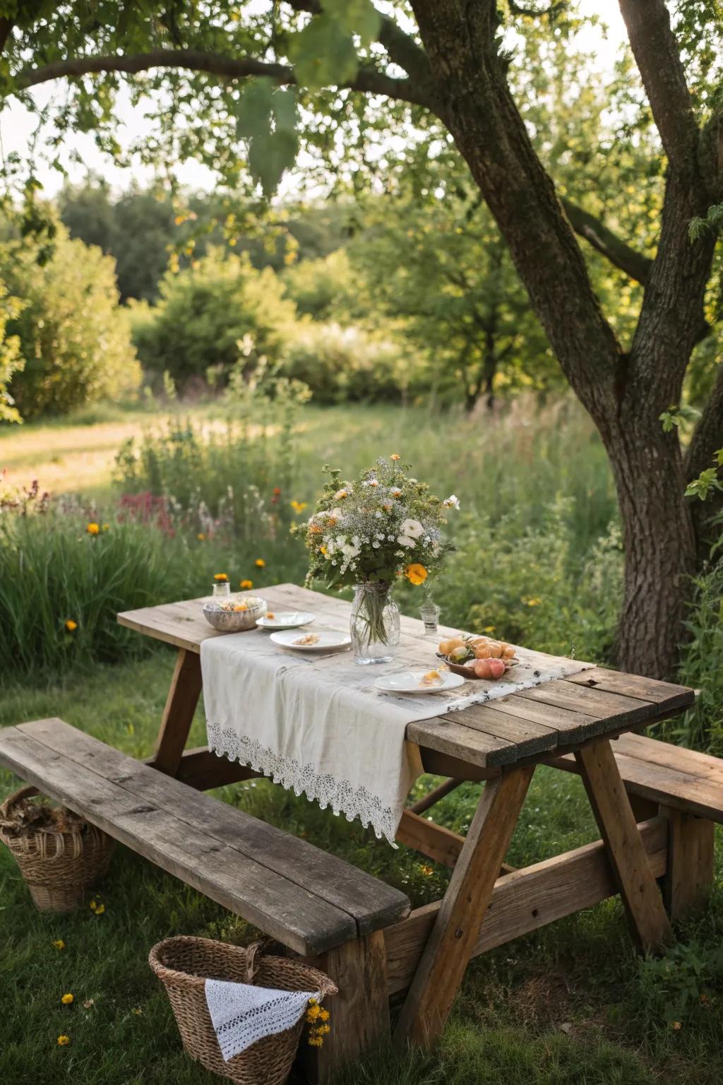 Rustic elegance with a wooden picnic table setup.
