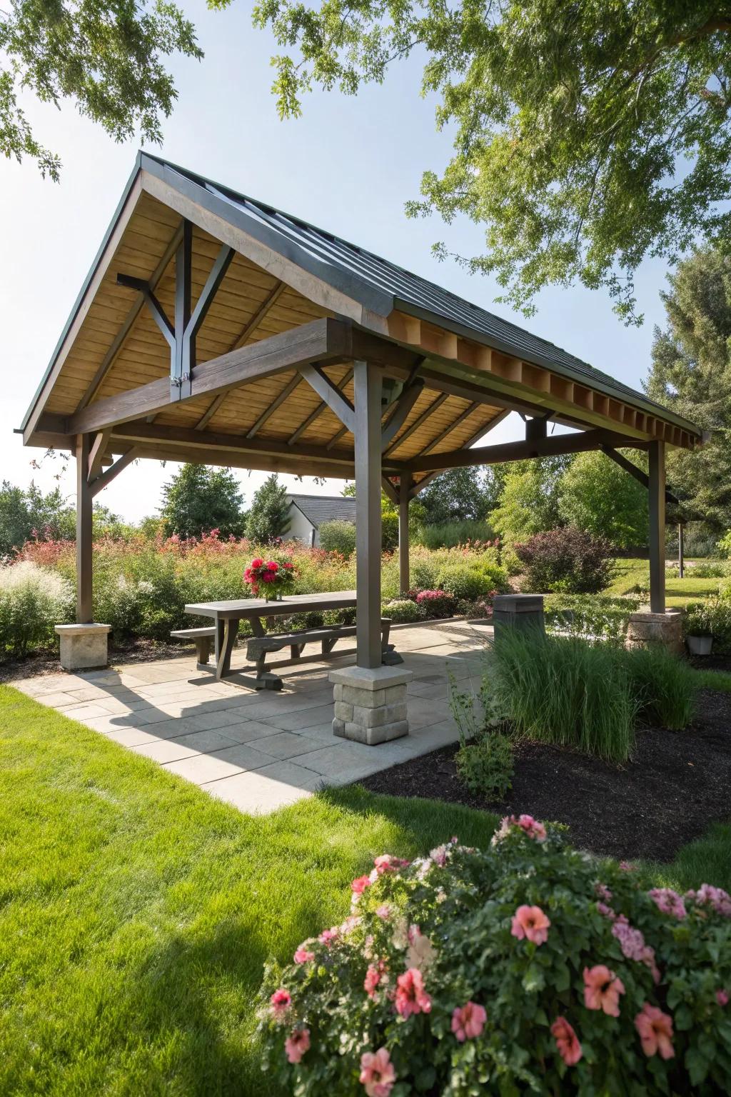 Stay cool and comfortable beneath an open gable roof shelter.