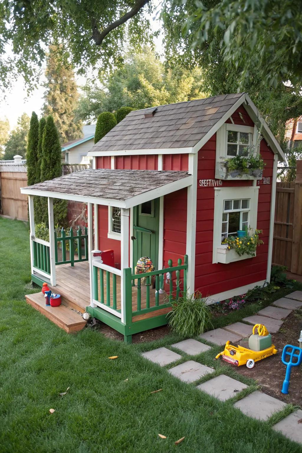 A charming farmhouse playhouse adds rustic charm to any backyard.