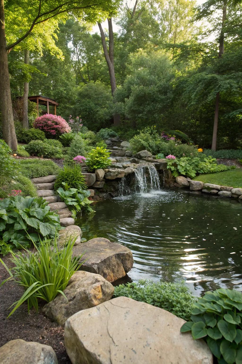 A backyard pond featuring a small cascading waterfall.