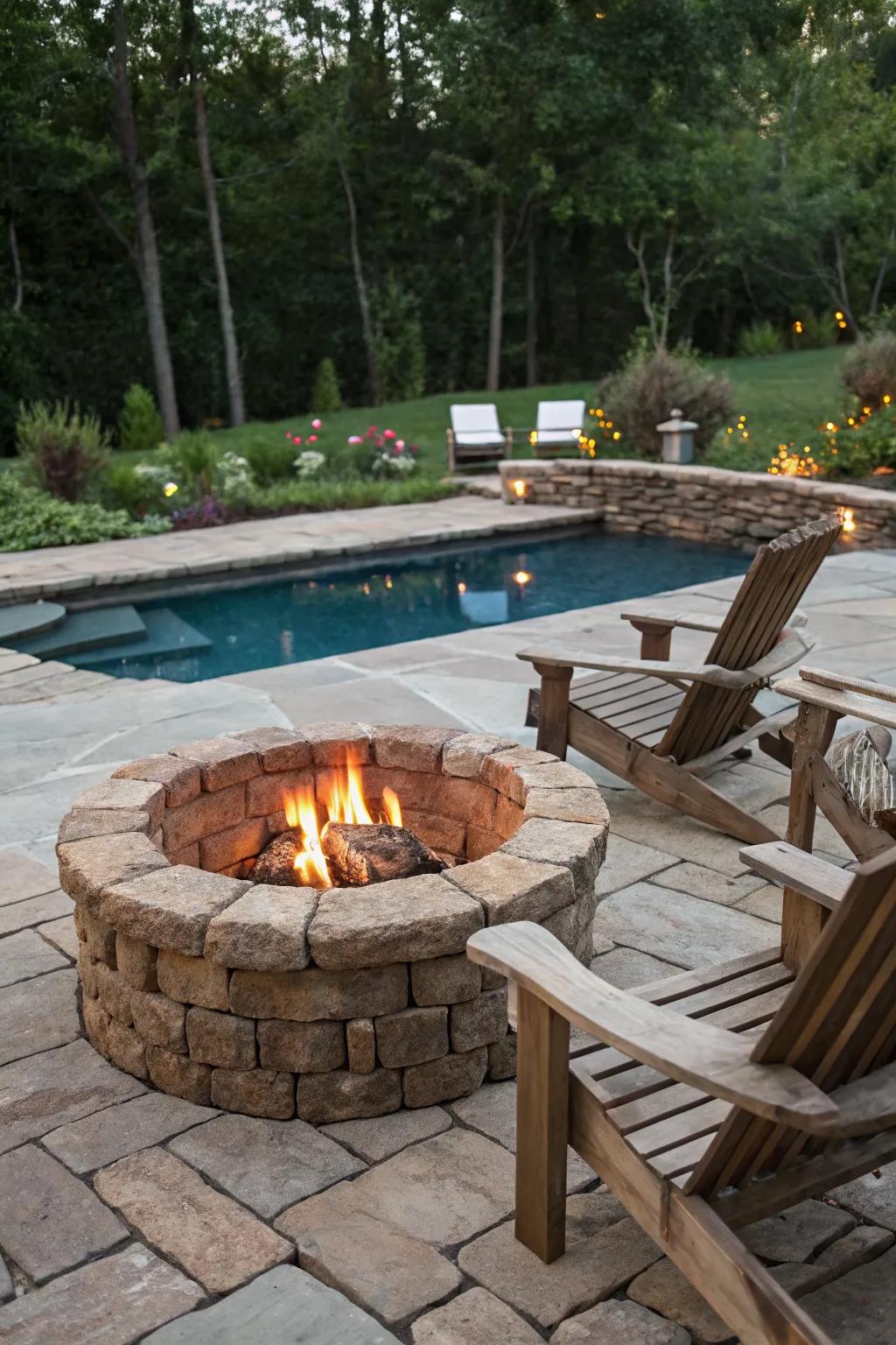 A rustic stone fire pit brings a classic feel to your backyard.