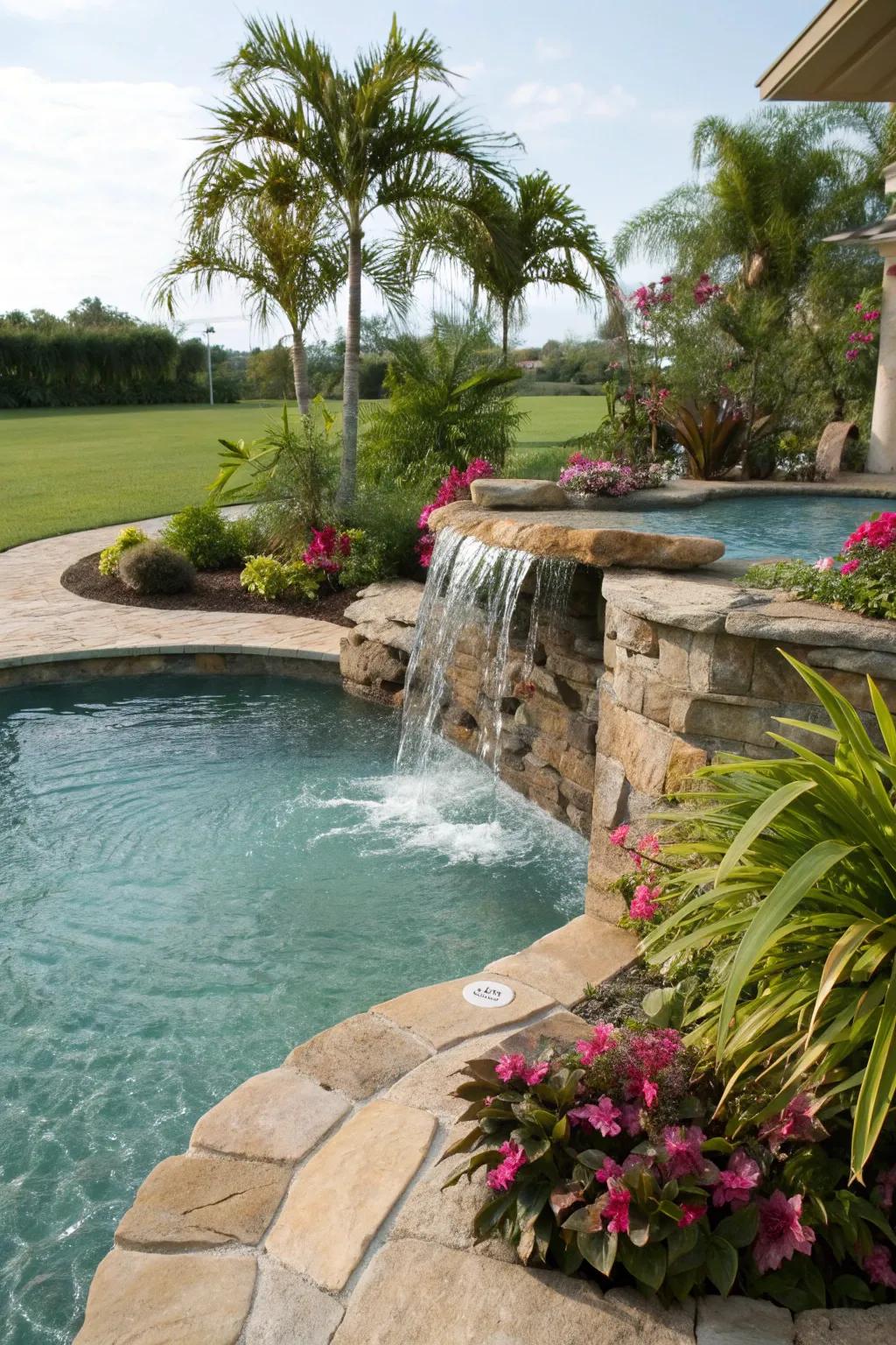 A tranquil pool with a cascading waterfall for enhanced relaxation.