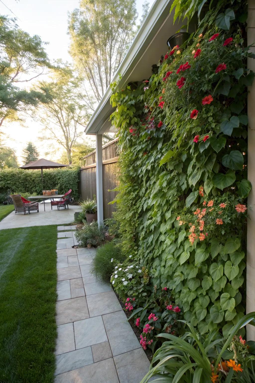 A vertical garden creates both a natural privacy wall and a visual delight.
