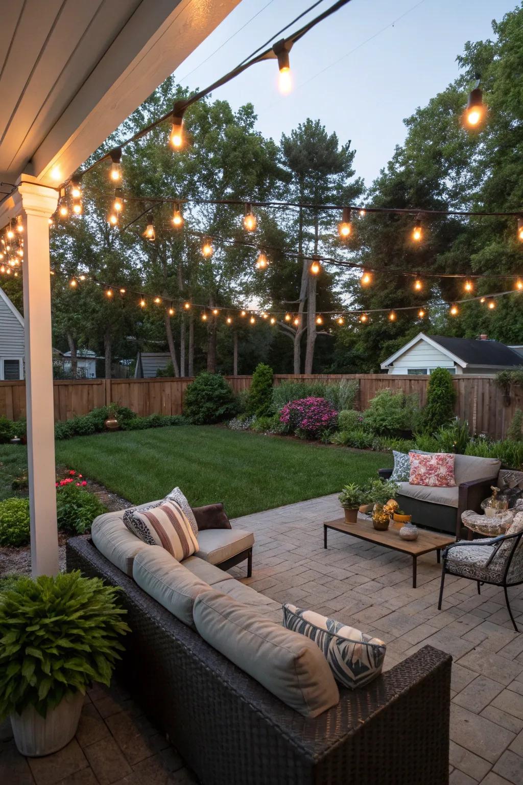 Warm string lights create an inviting and magical atmosphere.
