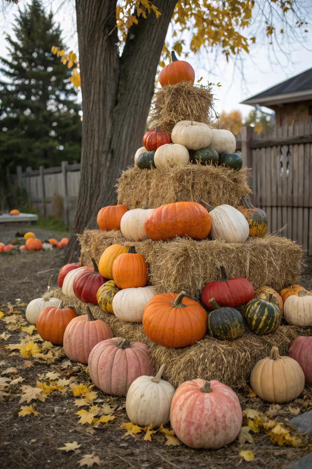 A pumpkin pyramid adds height and interest to your garden decor.