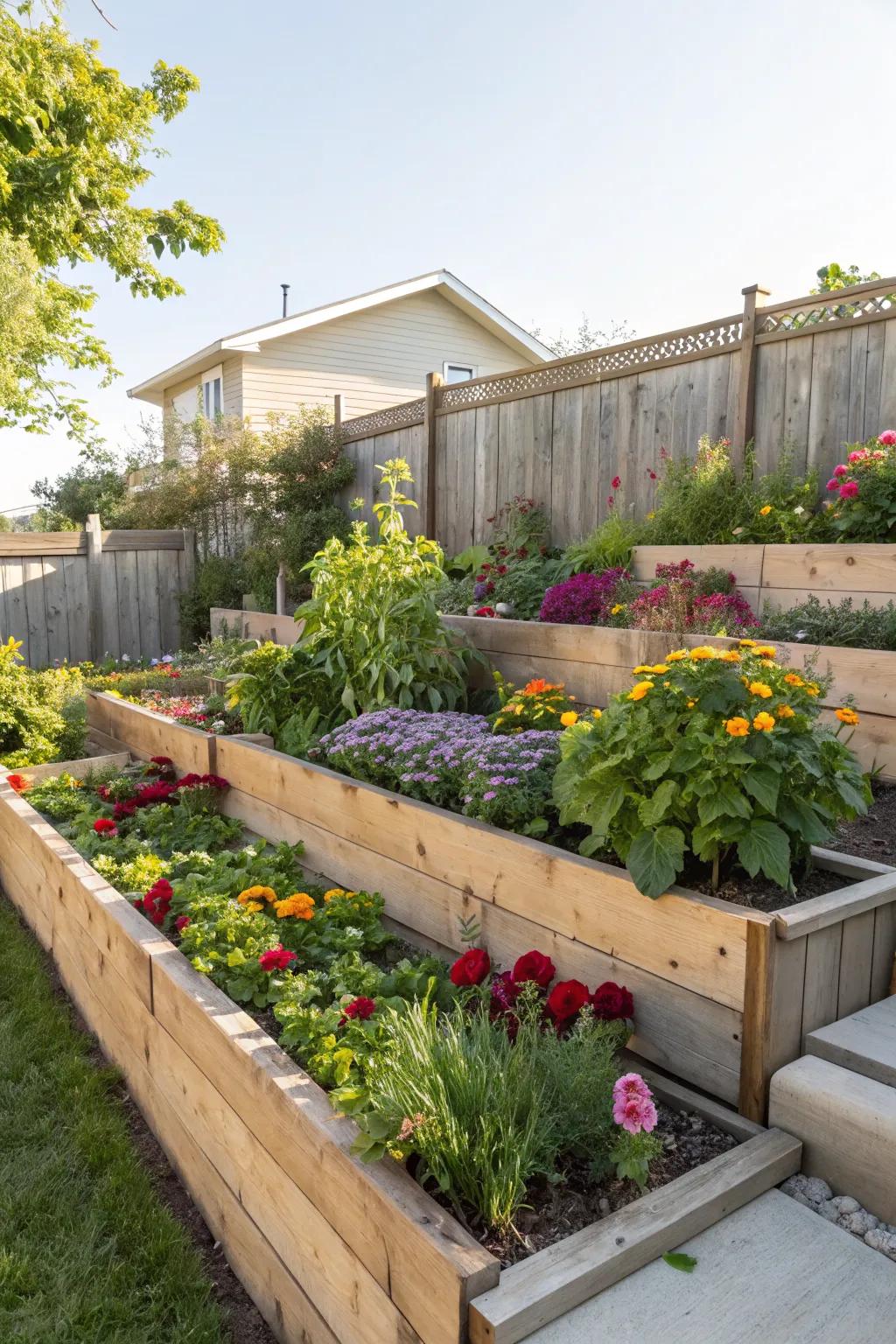 Tiered garden beds add depth and variety to your planting area.