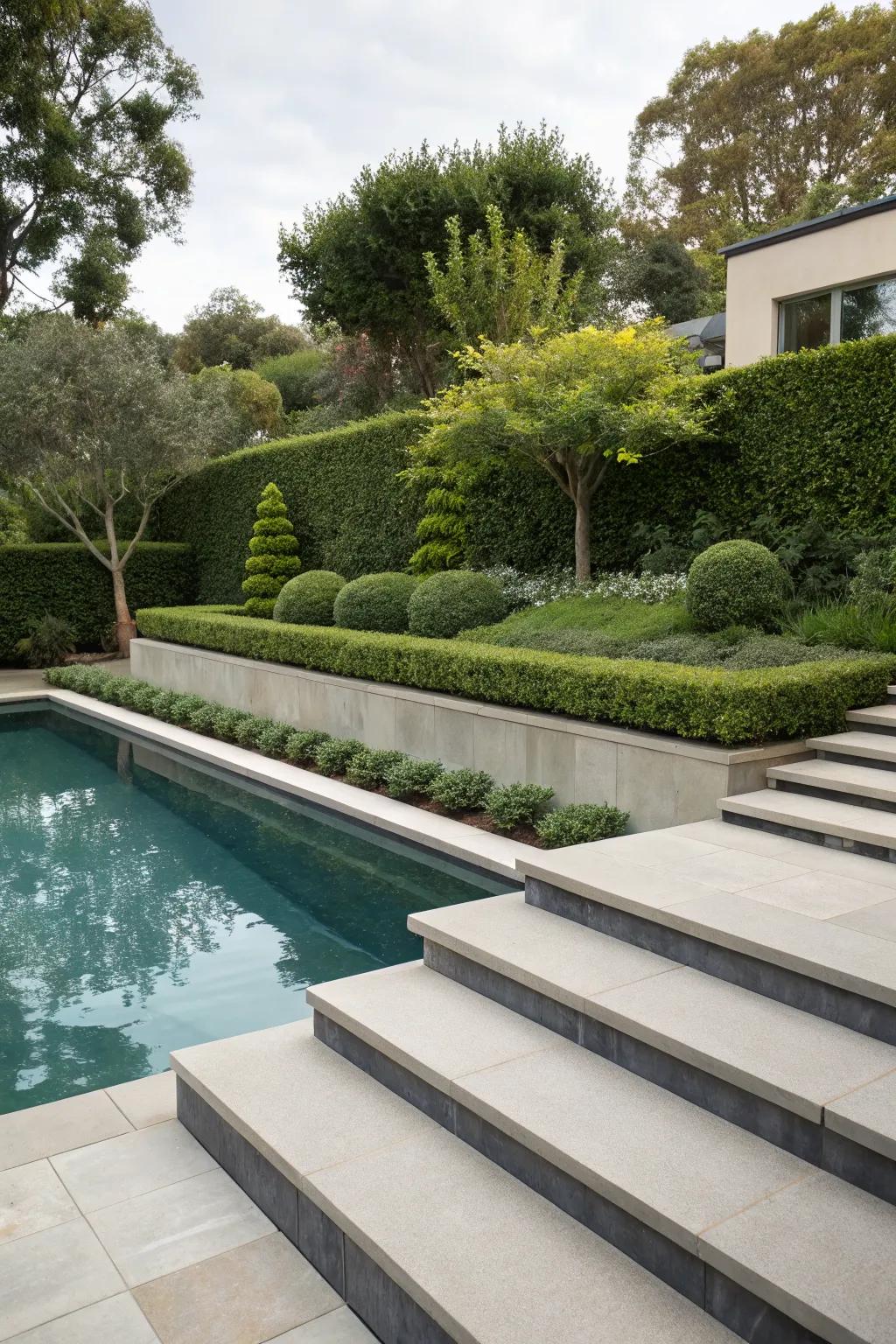Vinyl-covered steps for a seamless pool design.