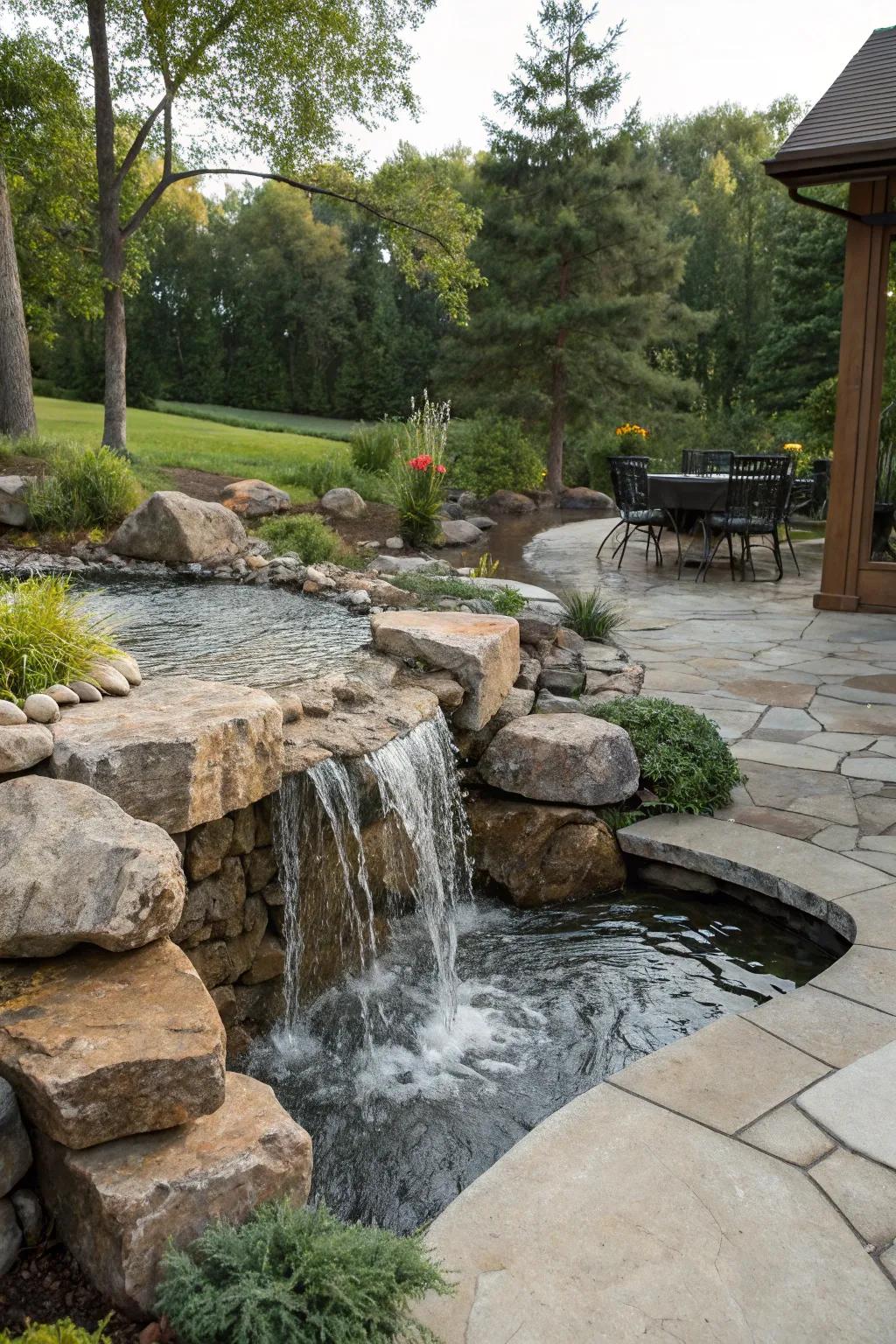 Cascading waterfalls can add both sound and movement to your backyard river.