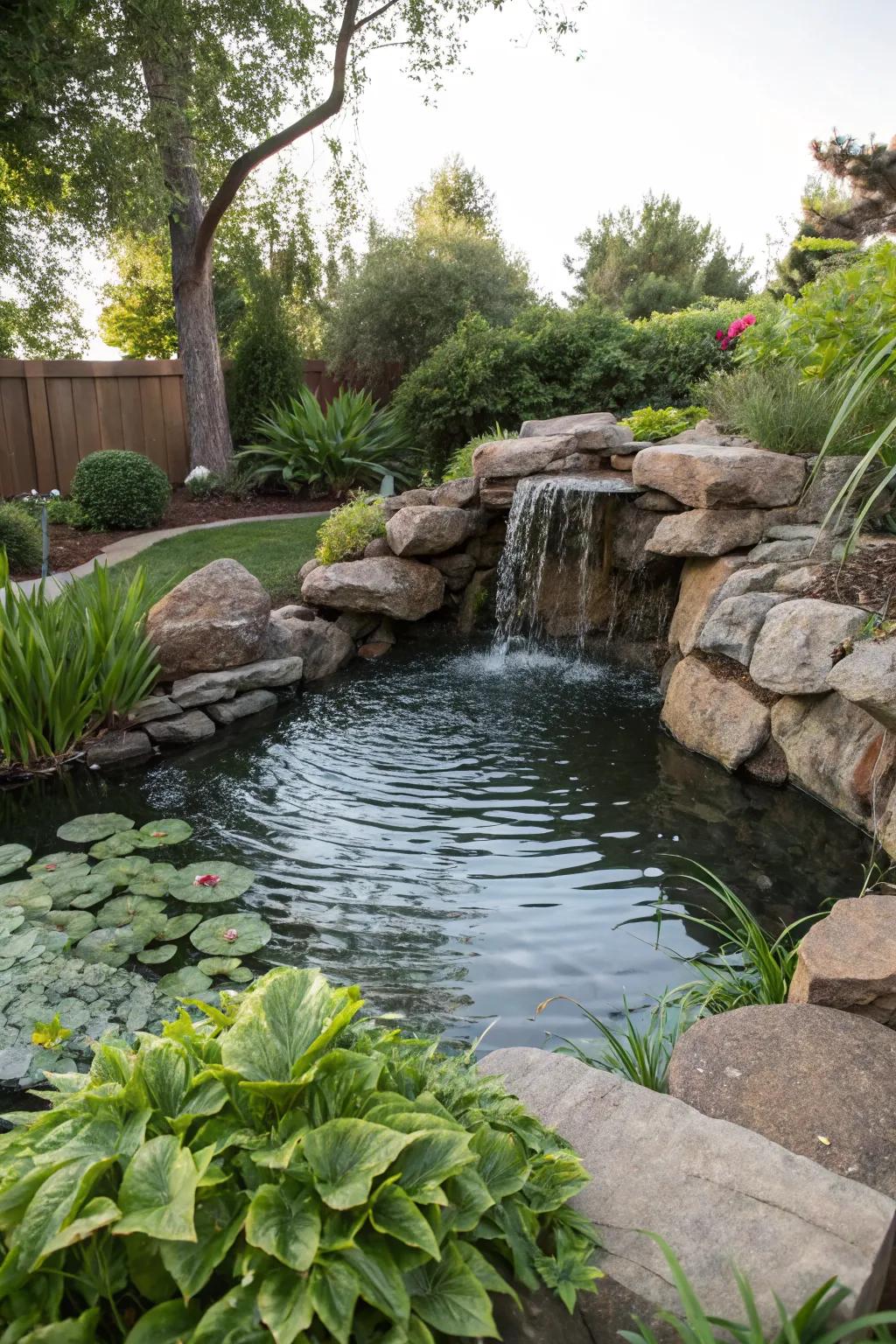Add tranquility with a rock waterfall or pond.