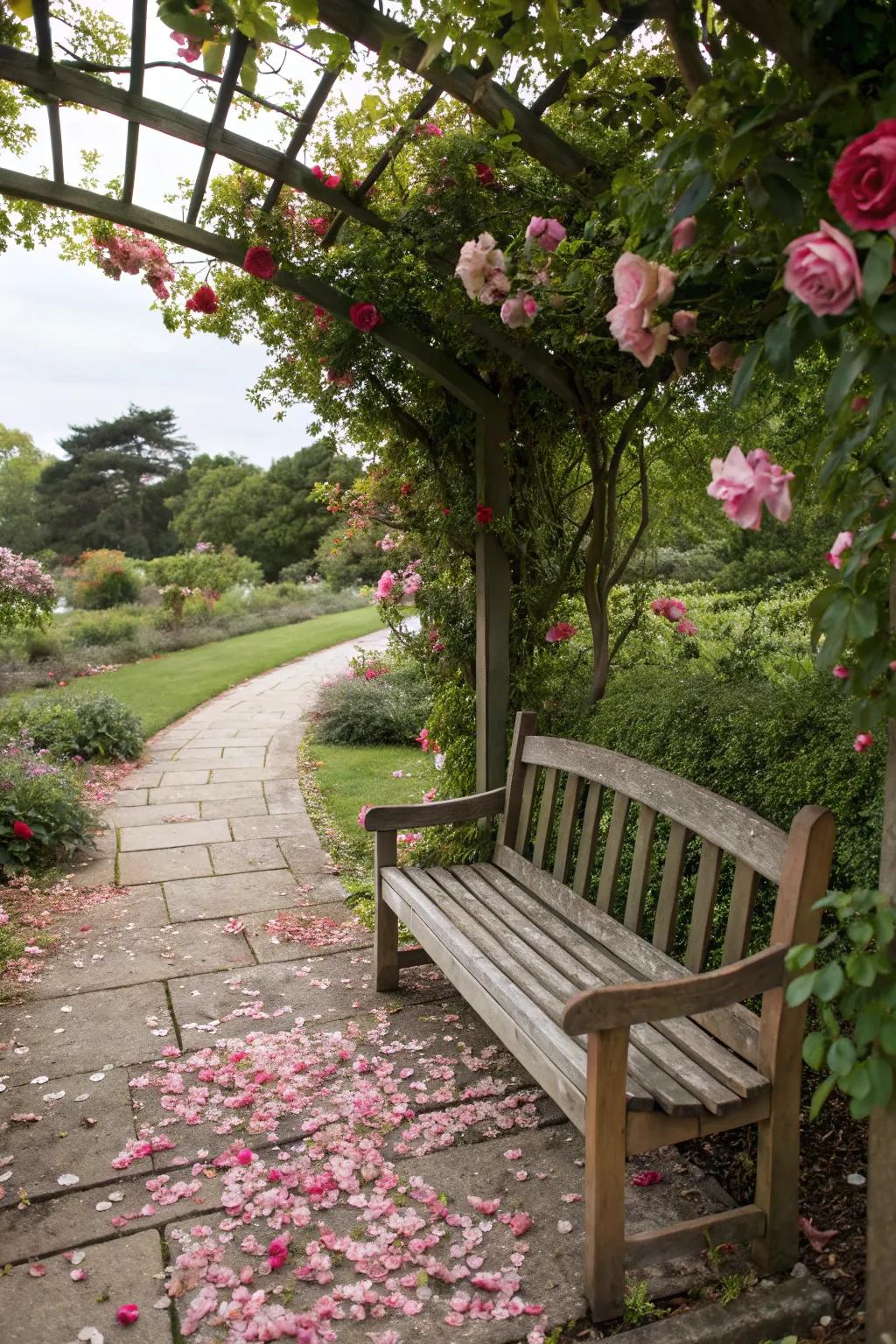 A charming seating nook offers a tranquil space to enjoy the garden's beauty.