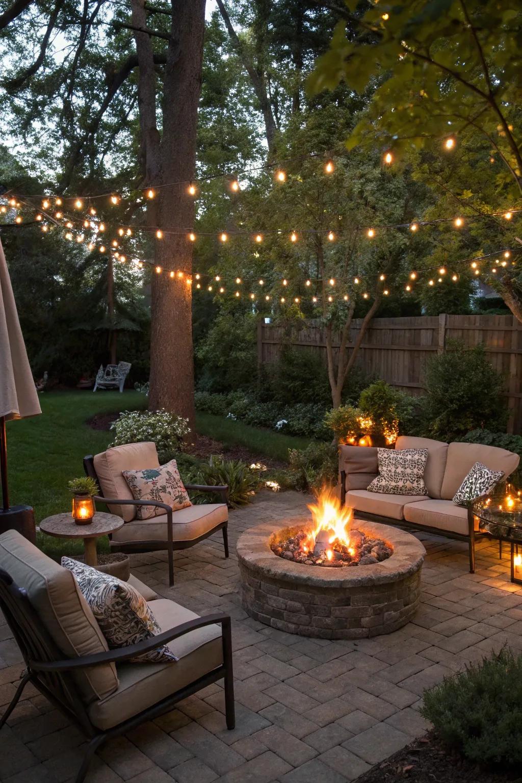 A fire pit adds warmth and a focal point for gatherings.