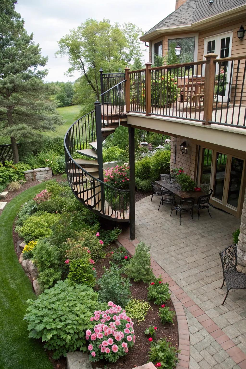 A spiral staircase elegantly connecting deck levels.