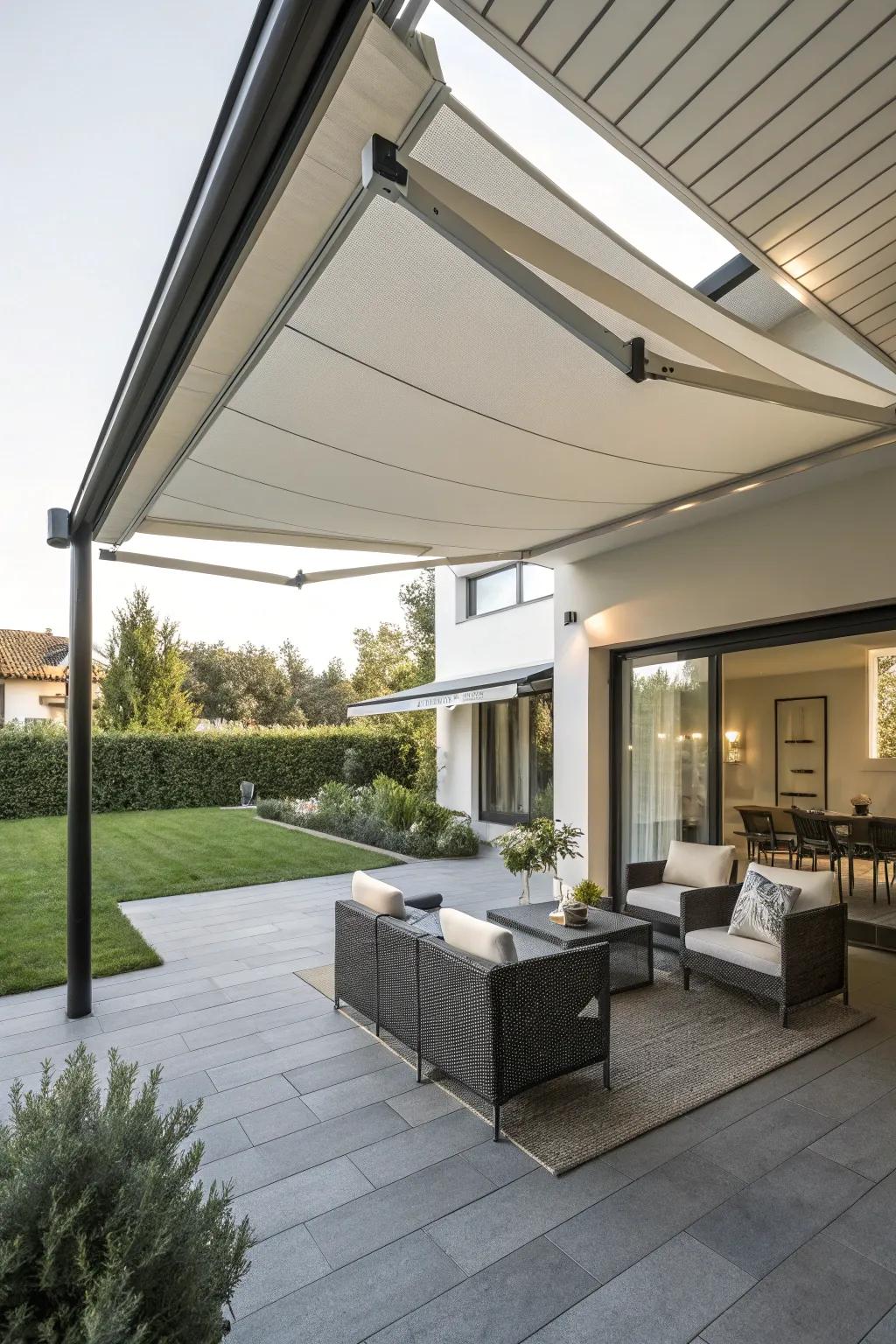 Retractable awnings offer adaptable shade, ideal for changing weather conditions.
