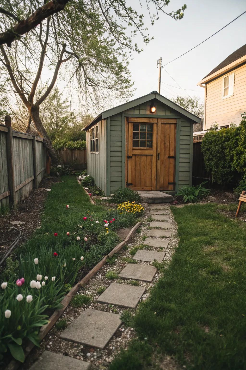 A conveniently placed shed close to the house, perfect for easy access.