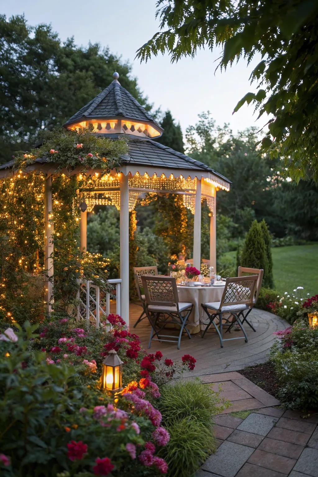 A gazebo serves as a year-round dining retreat.